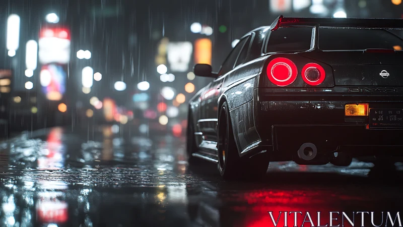 Modified sports coupe idles in wet neon city street at night