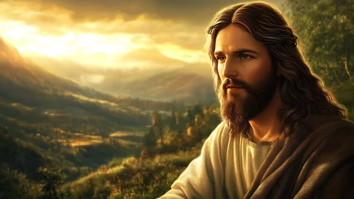 Bearded robed man in sunlit valley landscape at dusk.