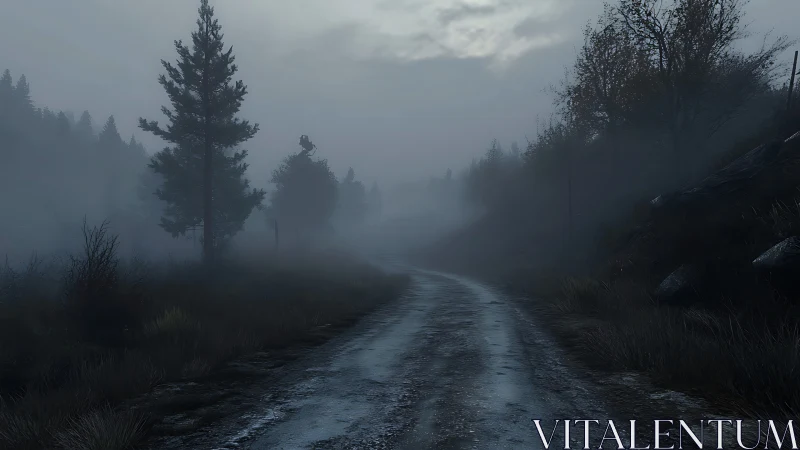 Narrow rural dirt road extends through dense morning fog