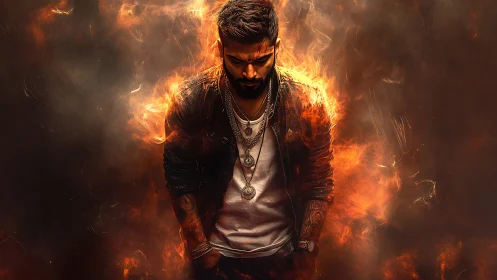 Male figure in leather jacket surrounded by stylized fire.