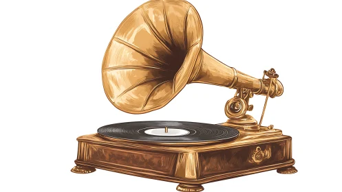 Vintage gramophone illustration with vinyl record on base.