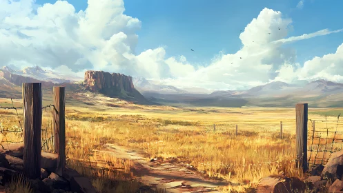 Sunlit prairie opens toward distant mesas under bold clouds