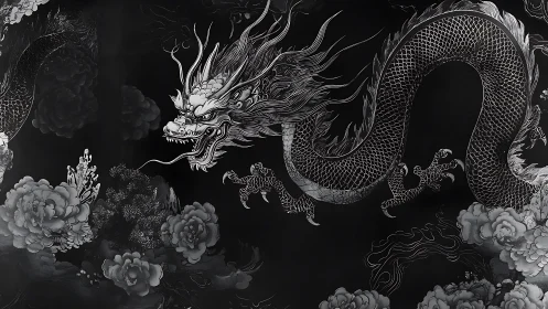 Monochrome oriental dragon coils amid stylized peony clouds