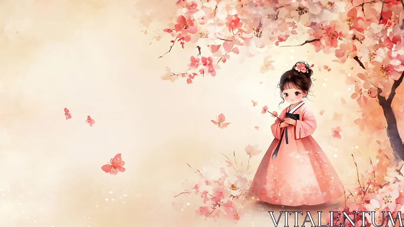 Stylized girl in hanbok stands amid pastel cherry blossoms