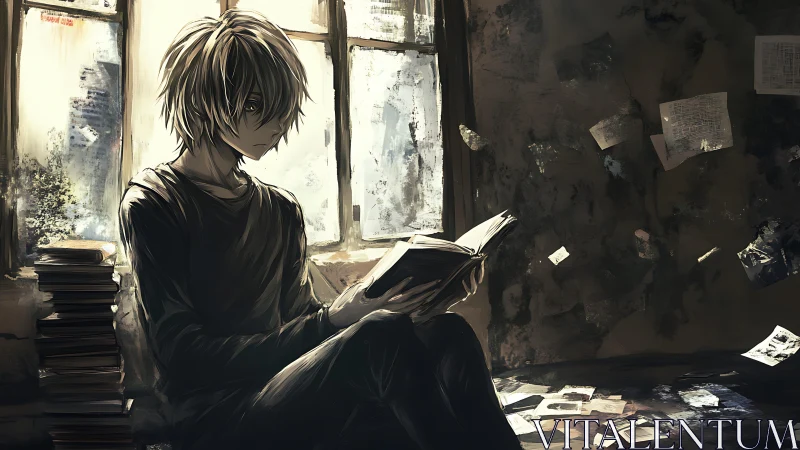 Solitary reader sits indoors with scattered documents around