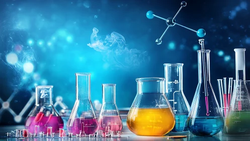 Colorful laboratory glassware glows in futuristic blue light.
