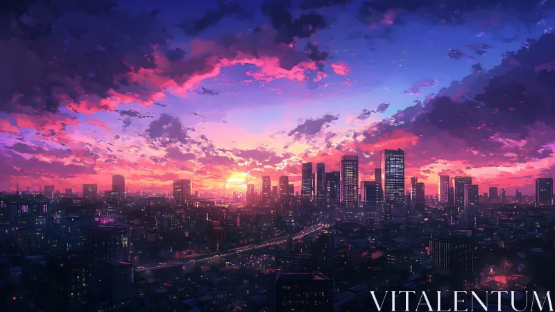 Neon city skyline under vivid sunset gradient sky.