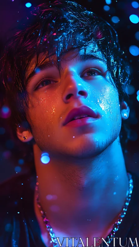 Dreamy night portrait bathed in neon blue and pink light.