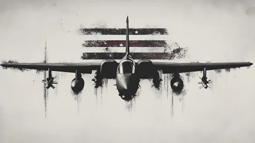 Warplane charges forward against a grunge American flag backdrop