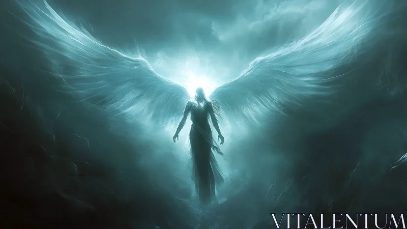 Celestial winged figure emerging from luminous storm clouds.