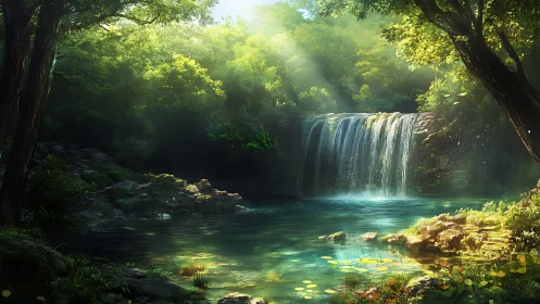 Sunlit waterfall hushes a hidden forest pool into stillness