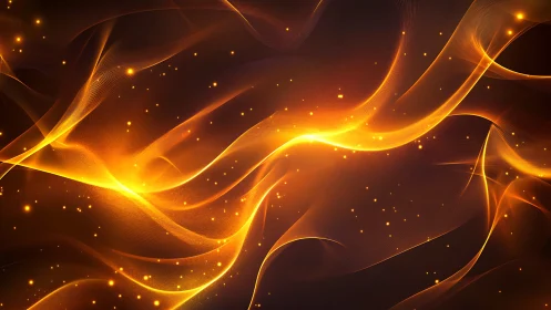 Golden light waves cascade through dark void with particle luminescence.