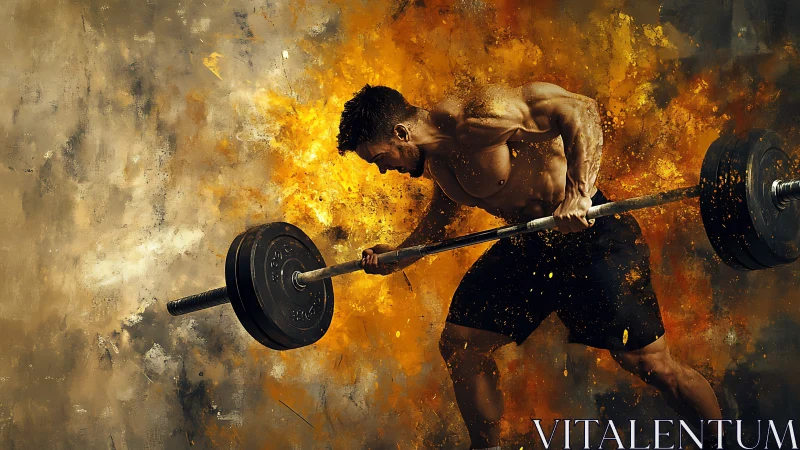 Muscular athlete lifting barbell amid abstract color burst.