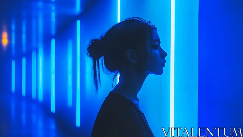 Neon side profile isolates subject in monochrome cyan corridor