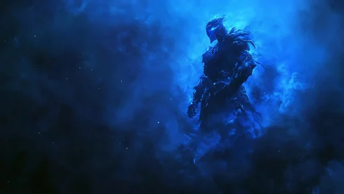 Armored spectral warrior emerging from luminous blue mist.