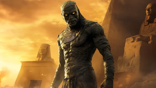 Ancient desert guardian with glowing eyes amid ruined pyramids.