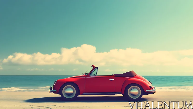 Retro red cabriolet stands in profile on a sunlit beach
