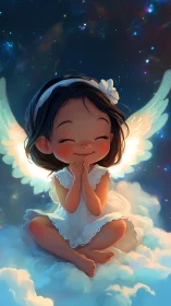 Smiling little angel girl glowing softly among the stars.