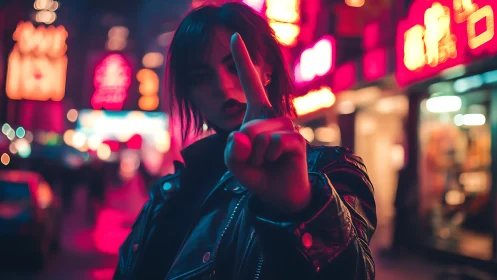 Neon night rebel holding the city’s noise at arm’s length.