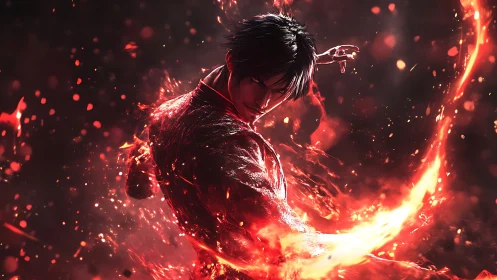 Fire-wreathed warrior carves a blazing arc through darkness