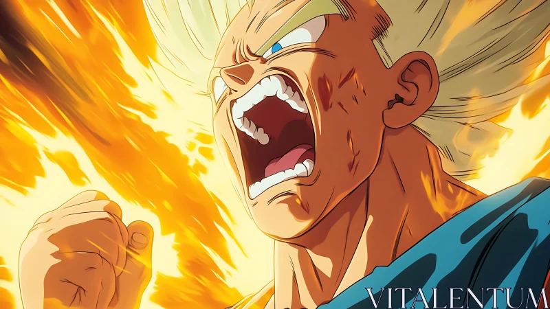 Explosive golden energy aura around shouting anime warrior