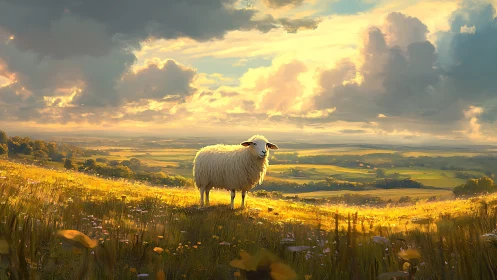 Sunlit sheep standing on golden meadow at rural sunset.