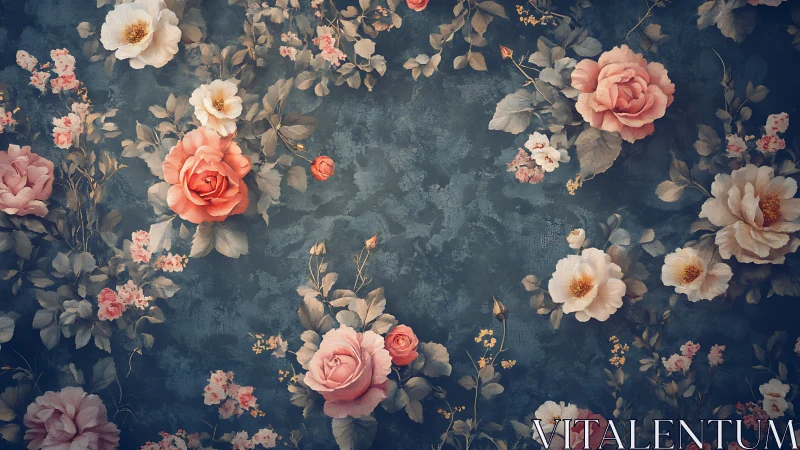 Midnight garden roses drifting across weathered teal sky.