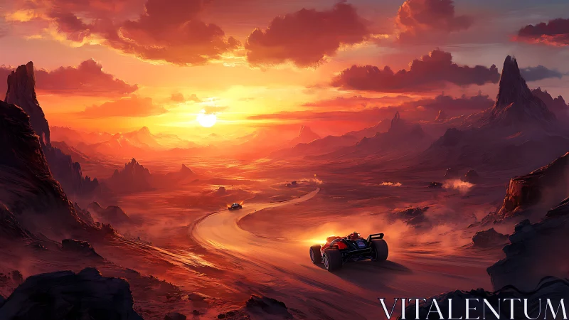 Sunset racers carve molten trails through alien desert skies