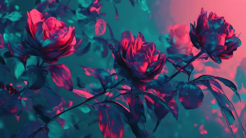 Neon Roses with Cyan and Pink Lighting