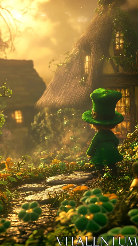 Fantasy leprechaun path scene with golden backlit cottage.