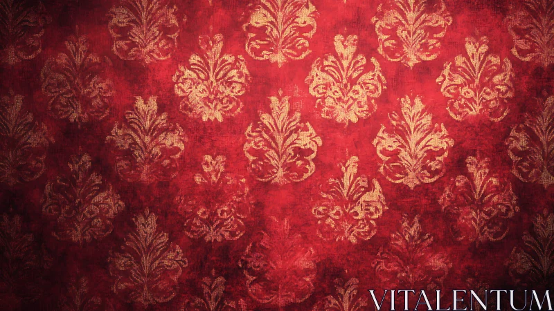 Aged red damask wallpaper with distressed golden ornamental repeats.