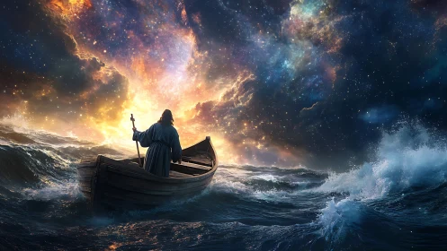 Celestial storm crossing with lone robed sailor in wooden boat.