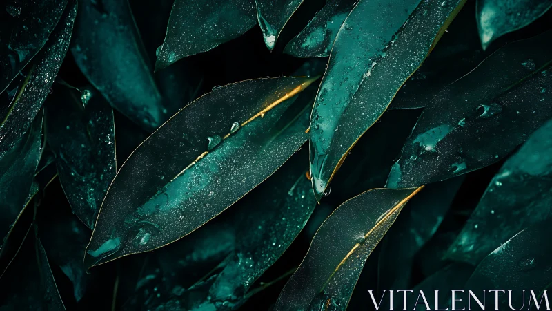 Macro study of teal foliage with dewdrops, low-key lighting.