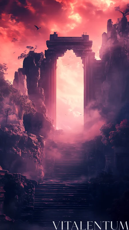 Vertical stone gateway rises through mist toward radiant sky