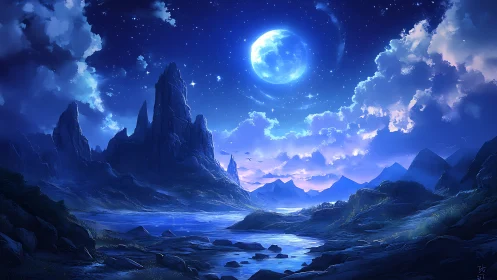 Nocturnal river valley under full moon and distant peaks.