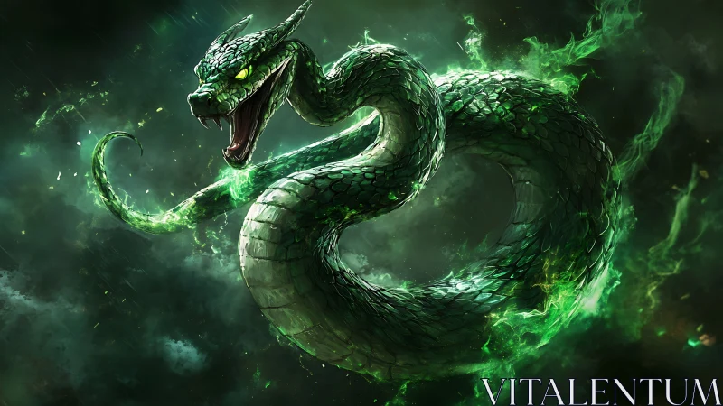 Venomous emerald serpent erupts from stormlit green vortex
