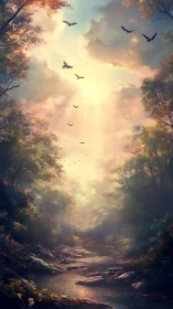 Golden forest sunrise pours gentle light along the stream