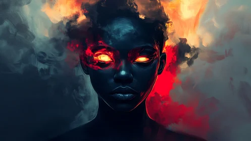 Fiery eyed guardian emerges from swirling smoke and shadow