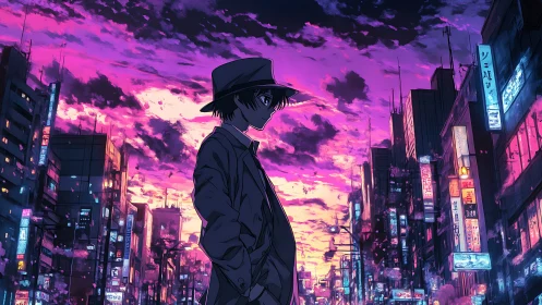 Silhouetted figure in neon cityscape at saturated sunset.