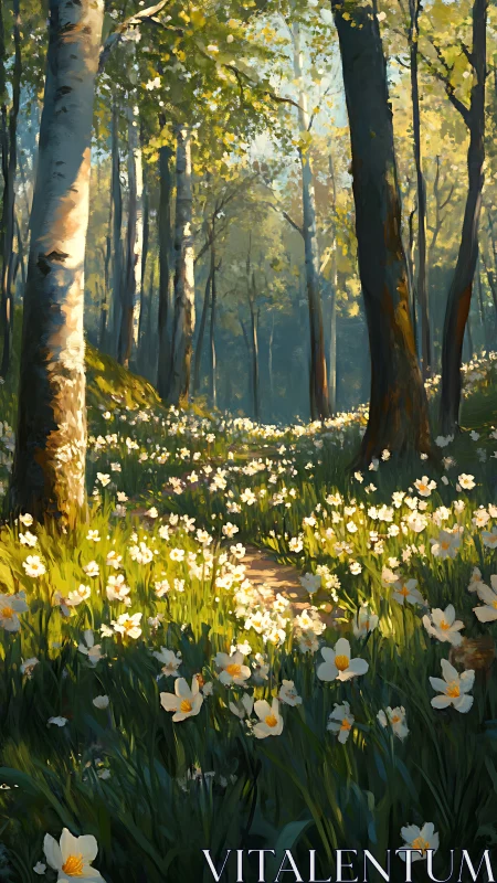 Sunlit Forest Meadow with Blooming Daisies Awakens the Soul