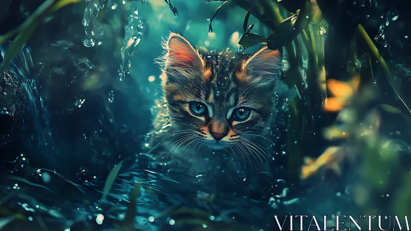 Kitten Emerges Through Cascade of Water and Verdant Foliage.