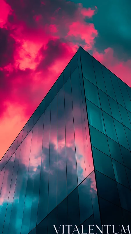 Glass tower cuts neon sky with mirrored storm clouds.