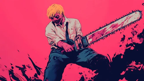 Blood-splattered chainsaw warrior stands amid high-contrast carnage