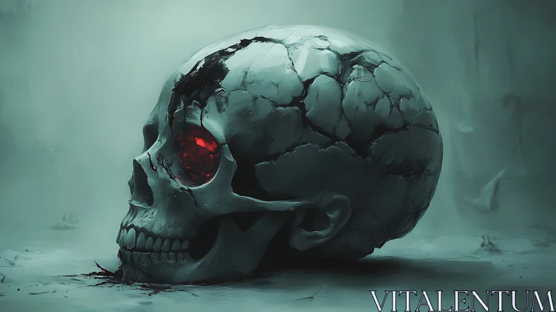 Fractured cranial shell with luminous red orbital cavity.