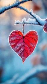 Winter-kissed red heart leaf glowing against soft frost.