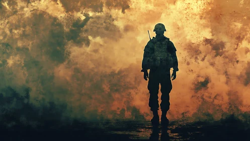 Lone soldier silhouette stands strong in a storm of fire