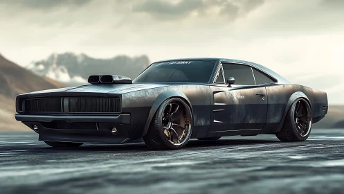 Photorealistic muscle car profile with cinematic low-angle stance.