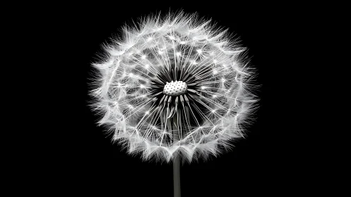 Single dandelion seed head is isolated against black background