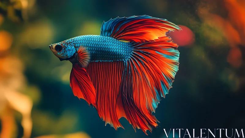 Betta fish flaunts luminous fins in dark aquascape.