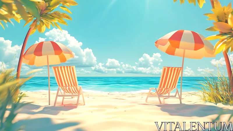 Dual Sunshade Configuration with Striped Beach Chairs and Tropical Oceanscape.